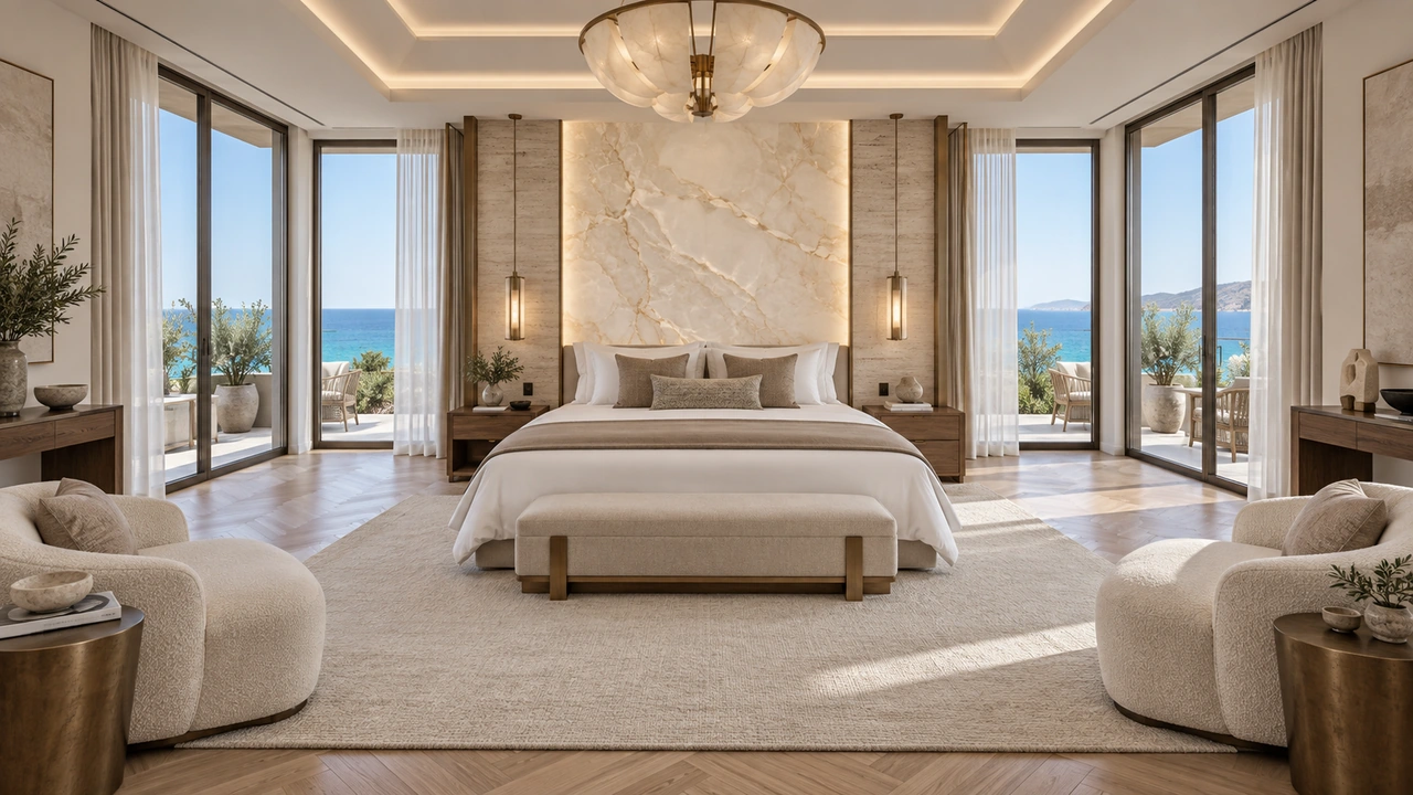 İki yandaki geniş pencereleri denize açılan, açık tonlarda simetrik otel odası